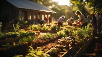 AI generated Community members volunteering in a garden, working with various plants during sunset. Community engagement and sustainable agriculture concept. Design for volunteer outreach gardening photo