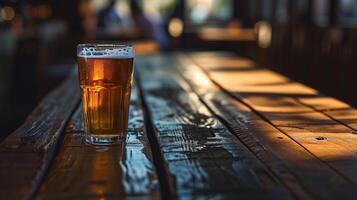 AI generated Beer glass on a coaster at a bar with warm bokeh lighting. Casual dining and nightlife concept. Design for restaurant ambiance, social drinking. photo