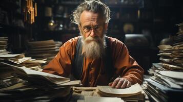AI generated Elderly man surrounded by piles of paper in a dimly lit room. Knowledge and research concept. photo