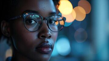 AI generated Thoughtful young woman with glasses against a bokeh light background. Portrait concept for optical health, vision care, and intellectual work. photo