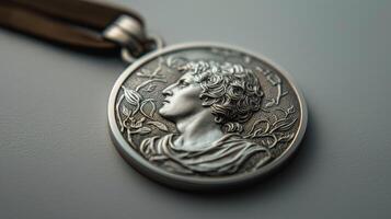 Classical medallion with embossed female figure. Close-up product photography with a blurred background. Jewelry design concept. photo