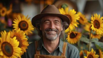 Smiling man with sunflowers wearing hat. Studio portrait with natural background. Happiness and nature concept. Portrait with place for text. photo