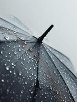 Close-up of a black umbrella with water droplets. Rainy day concept with copy space. Macro shot for design and print. photo