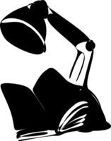 a black-and-white silhouette of a lamp and a pile of books vector