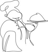 one line art. one continuous line art of a chef serving the customer vector