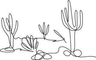 one line art. one continues hand-drawn nature landscape of cactus in the desert vector