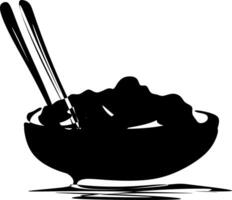 The illustrations and clipart. A black-and-white silhouette of food in the bowl with chopsticks vector