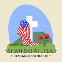 Memorial day template. Commemorative tombstone with USA flag and red poppy flowers. illustration for design national traditional holidays USA, Independence Day vector