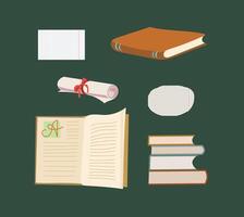 Collection School things, books, diploma scroll, notebook sheets. vector