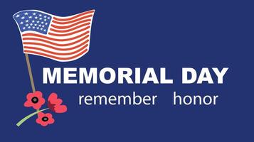 Memorial day template. Commemorative tombstone with USA flag and red poppy flowers. illustration for design national traditional holidays USA, Independence Day vector