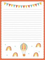 notebook page template in cute kids style with balloon vector