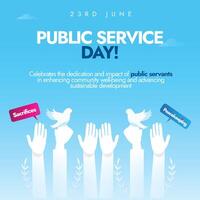 Public service day banner, social media post. 23rd June UN's public service day appreciation banner with hands and doves in white silhouette and sky blue background. vector