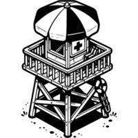 Rescue observation tower on seashore in monochrome. Wooden tower for observing vacationers at sea. Simple minimalistic in black ink drawing on white background vector