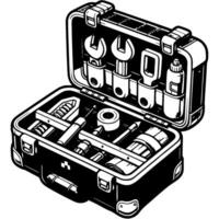 Toolbox with wrench and screwdriver in monochrome. Toolbox is open and tools are visible. Simple minimalistic in black ink drawing on white background vector