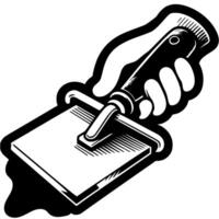 Hand of builder dressed in protective glove applies putty with spatula in monochrome. Construction tool for applying putty. Simple minimalistic in black ink drawing on white background vector