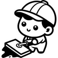Young builder levels concrete floor in monochrome. Carrying out construction and installation work. Simple minimalistic in black ink drawing on white background vector