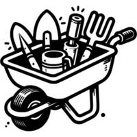 Garden wheelbarrow filled with hand tools in monochrome. Rakes shovels and hoes stacked in farm cart. Simple minimalistic in black ink drawing on white background vector