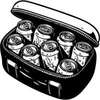 Portable cooler bag with cold drinks in aluminum cans in monochrome. Zipper refrigerator bag. Simple minimalistic in black ink drawing on white background vector