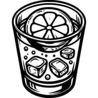 Glass of vodka with lemon and ice in monochrome. Chilled Tequila with lime. Simple minimalistic in black ink drawing on white background vector