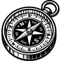 Traveler compass with magnetic needle in monochrome. Element of tourist equipment. Simple minimalistic in black ink drawing on white background vector