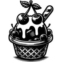 Waffle basket with scoop of chocolate ice cream decorated with cherry in monochrome. Icecream frozen dessert. Simple minimalistic in black ink drawing on white background vector