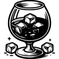 Glass of cognac with ice cubes in monochrome. Strong alcoholic drink. Simple minimalistic in black ink drawing on white background vector