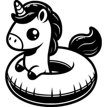 Small unicorn horse child learns to swim on lifebuoy in monochrome. Rules of conduct for children in open water. Simple minimalistic in black ink drawing on white background vector