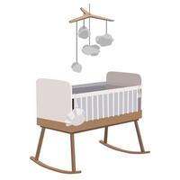 Children's furniture. Ideal for newborns. Children's bed in white colors with a wooden base and a rattle above the bed. Sleeping furniture for small children vector