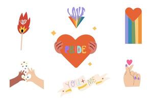 set of LGBTQ community symbols. Pride month stickers. LGBT flat style icons and slogan collection. Social community. Supporting love freedom vector