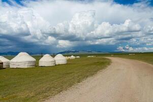 Row of traditional Kyrgyz yurts dot the open grasslands of Son-Kul, with distant mountains framing the horizon, under a vast sky marked by streaks of white clouds, reflecting a nomadic heritage. photo
