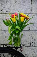 A bouquet of tulips in a glass jar on the trunk of a bicycle. photo