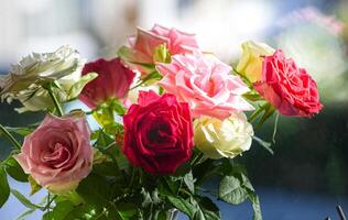 Bouquet of beautiful roses on the windowsill photo