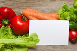 Beautiful Mockup Card with Vegetables Background A Fresh and Wholesome Display of Nature's Bounty, Featuring Vibrant and Colorful Vegetables Against a Rustic and Inviting Backdrop photo