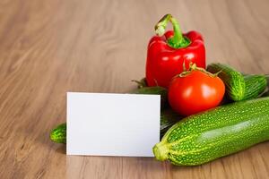 Beautiful Mockup Card with Vegetables Background A Fresh and Wholesome Display of Nature's Bounty, Featuring Vibrant and Colorful Vegetables Against a Rustic and Inviting Backdrop photo