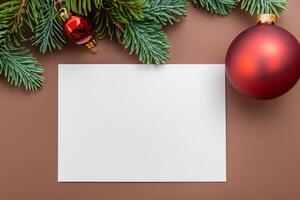 Beautiful Mockup White Card with Christmas Ornaments, A Festive Touch for Your Holiday Greetings photo