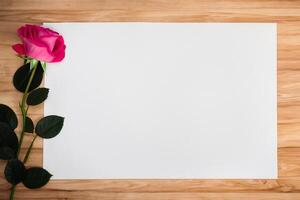 The mockup of beautiful paper with an elegant flower arrangement showcases a stunning combination of artistry and nature. photo