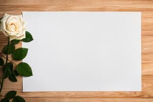 The mockup of beautiful paper with an elegant flower arrangement showcases a stunning combination of artistry and nature. photo