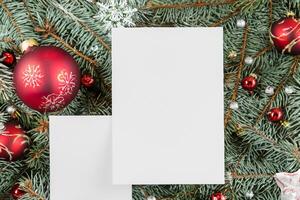 Beautiful Mockup White Card with Christmas Ornaments, A Festive Touch for Your Holiday Greetings photo