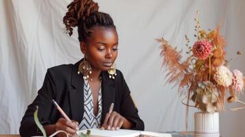 Woman Sitting at Table Writing in Notebook photo