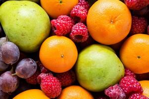 Beautiful Tropical Fruits Background A Luscious Display of Nature's Bounty, Featuring an Abundance of Colorful and Exotic Fruits Against a Vibrant and Refreshing Backdrop photo