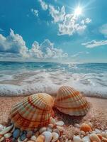 Seashells on Sandy Beach Under Blue Sky With White Clouds photo