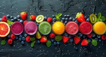 Colorful Fruit Smoothies With Berries and Mint on a Black Tabletop photo