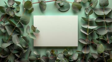 Blank White Paper Card Surrounded by Eucalyptus Leaves on Teal Background photo