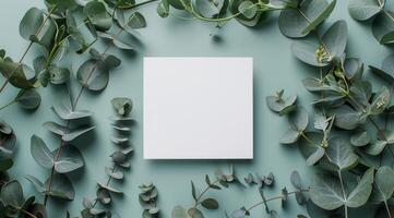 Blank White Paper Card Surrounded by Eucalyptus Leaves on Teal Background photo