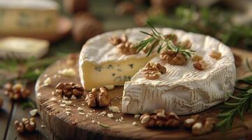 Brie Cheese With Walnuts and Honey on Wooden Cutting Board photo