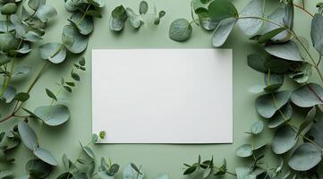 Blank White Paper Card Surrounded by Eucalyptus Leaves on Teal Background photo