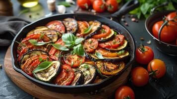 Roasted Tomato, Zucchini, and Eggplant Casserole in a Cast Iron Skillet photo