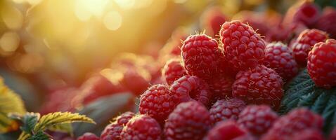 Raspberries Growing on Bush With Sun in Background photo