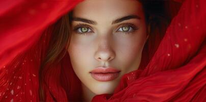 Womans Face Covered by Red Cloth photo
