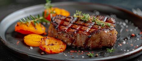 Piece of Steak on Wooden Plate photo